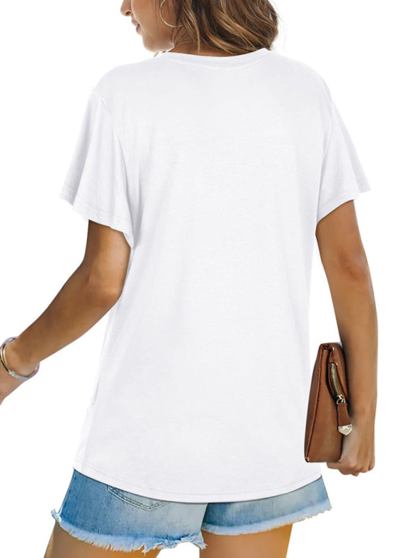 Hayley Explosive Round Neck Solid Color Hem Kink Short-Sleeved T-Shirt