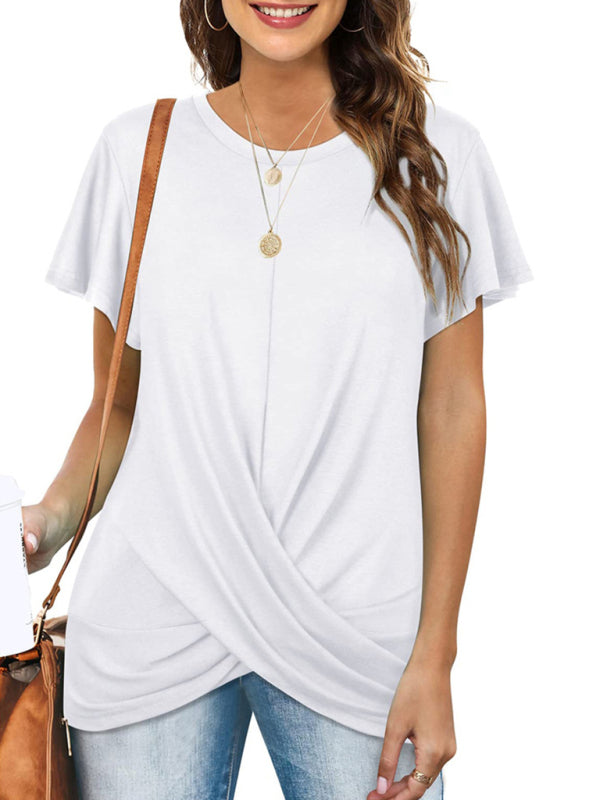 Hayley Explosive Round Neck Solid Color Hem Kink Short-Sleeved T-Shirt