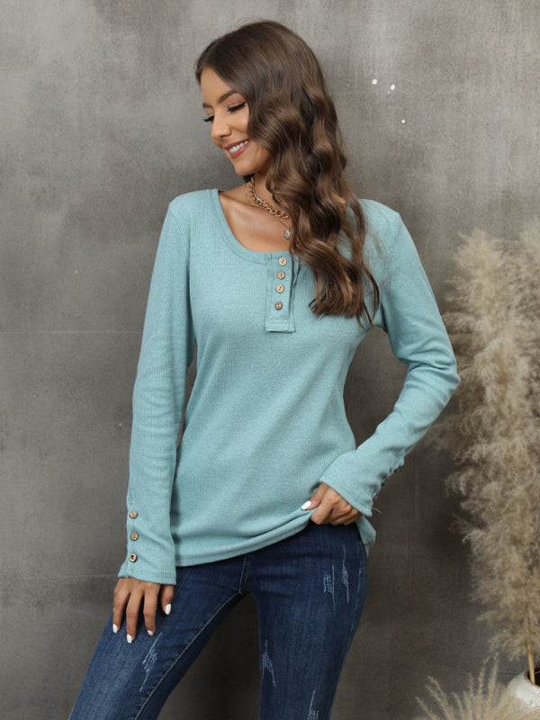 Greta Women's Button Vest Color V-Neck Long Sleeve T-Shirt Top