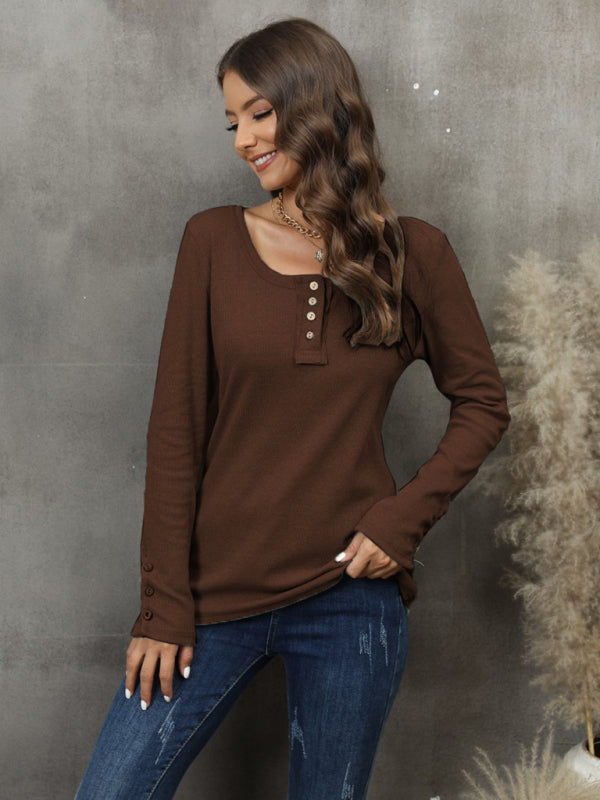 Greta Women's Button Vest Color V-Neck Long Sleeve T-Shirt Top