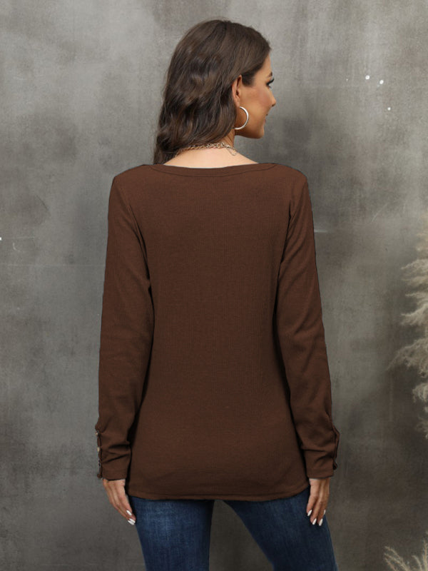 Greta Women's Button Vest Color V-Neck Long Sleeve T-Shirt Top