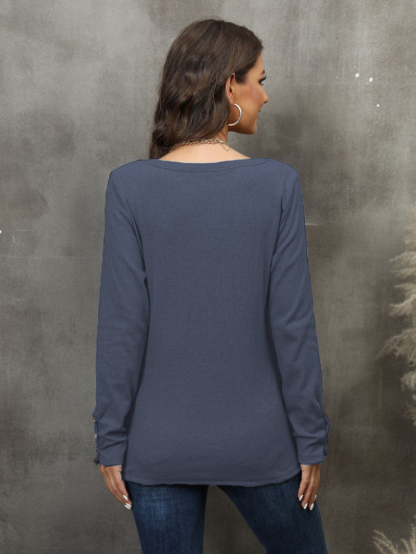 Greta Women's Button Vest Color V-Neck Long Sleeve T-Shirt Top
