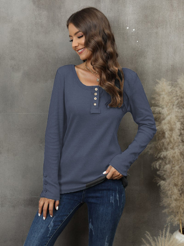 Greta Women's Button Vest Color V-Neck Long Sleeve T-Shirt Top