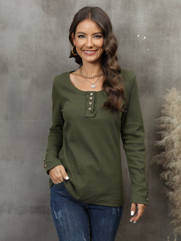 Greta Women's Button Vest Color V-Neck Long Sleeve T-Shirt Top