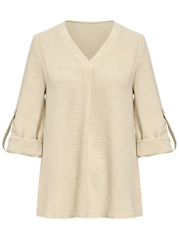 Nyla Spring And Summer New Women's Fashion Solid Color Loose V-Neck Three-Quarter Sleeve Top