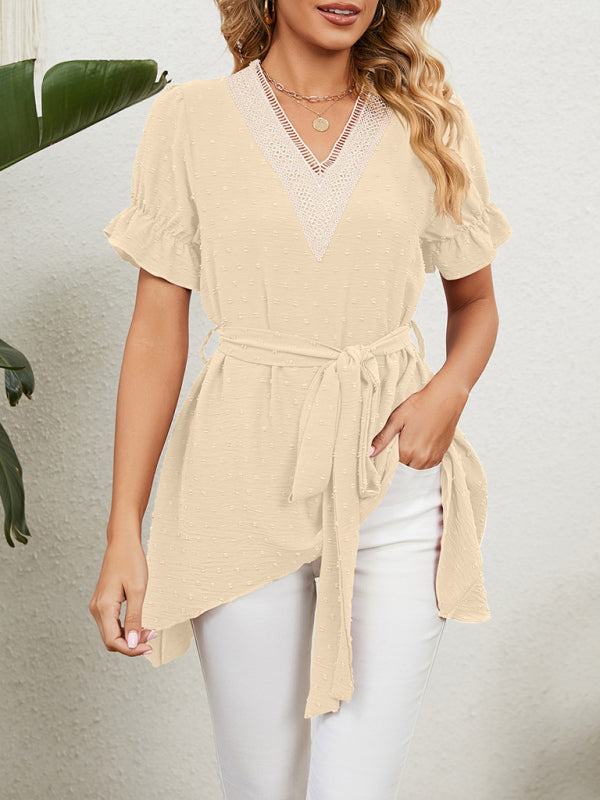 Novalie Women's Woven Jacquard V-Neck Loose Tie Chiffon Short Sleeve Top