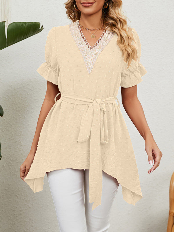 Novalie Women's Woven Jacquard V-Neck Loose Tie Chiffon Short Sleeve Top