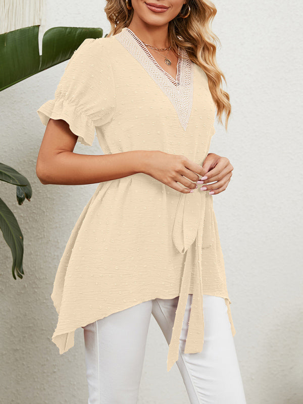 Novalie Women's Woven Jacquard V-Neck Loose Tie Chiffon Short Sleeve Top