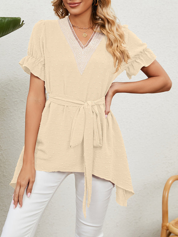 Novalie Women's Woven Jacquard V-Neck Loose Tie Chiffon Short Sleeve Top