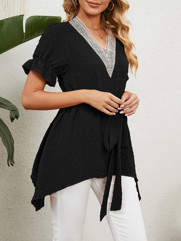 Novalie Women's Woven Jacquard V-Neck Loose Tie Chiffon Short Sleeve Top