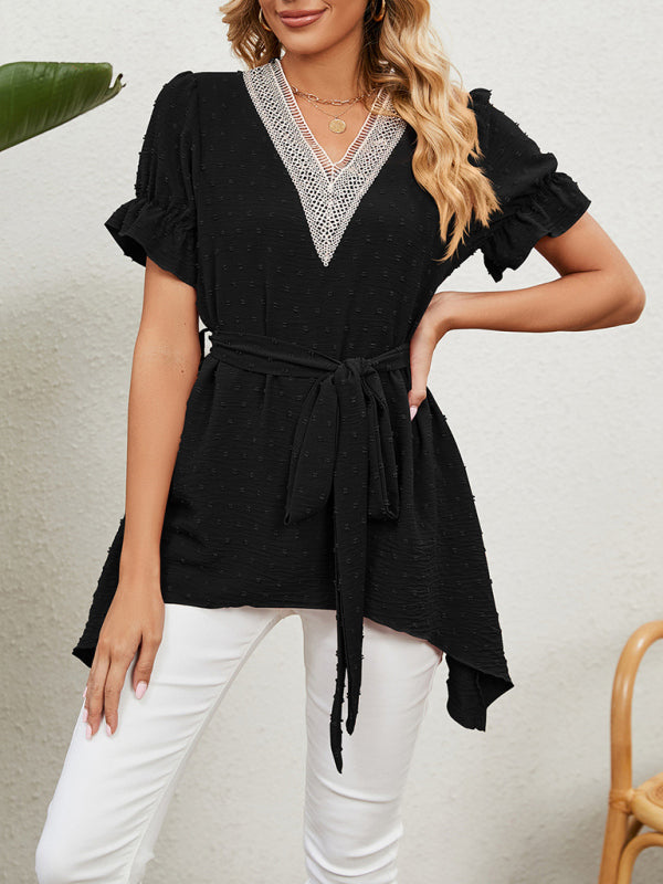 Novalie Women's Woven Jacquard V-Neck Loose Tie Chiffon Short Sleeve Top