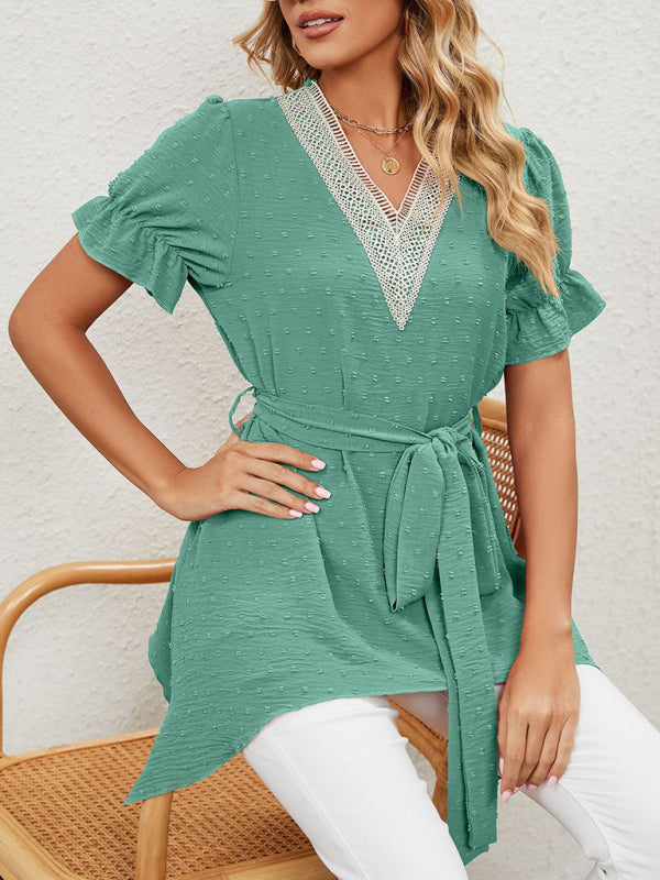 Novalie Women's Woven Jacquard V-Neck Loose Tie Chiffon Short Sleeve Top