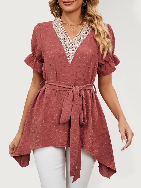 Novalie Women's Woven Jacquard V-Neck Loose Tie Chiffon Short Sleeve Top