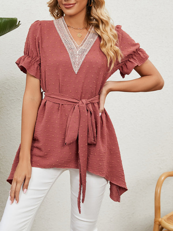 Novalie Women's Woven Jacquard V-Neck Loose Tie Chiffon Short Sleeve Top