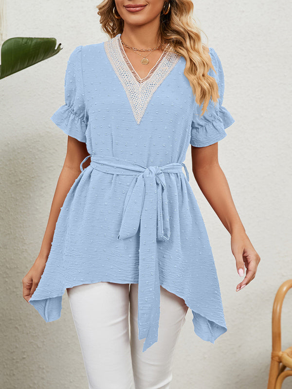 Novalie Women's Woven Jacquard V-Neck Loose Tie Chiffon Short Sleeve Top