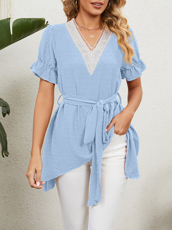 Novalie Women's Woven Jacquard V-Neck Loose Tie Chiffon Short Sleeve Top