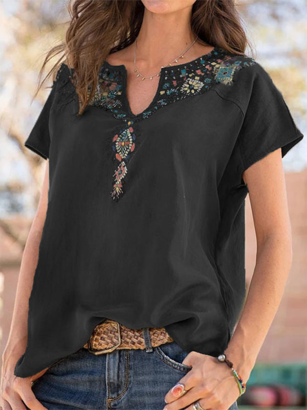 Nieve Women's Woven Western Ethnic Style Loose Short Sleeve Top
