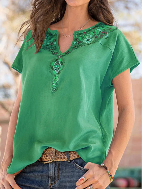 Nieve Women's Woven Western Ethnic Style Loose Short Sleeve Top