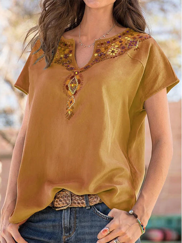 Nieve Women's Woven Western Ethnic Style Loose Short Sleeve Top