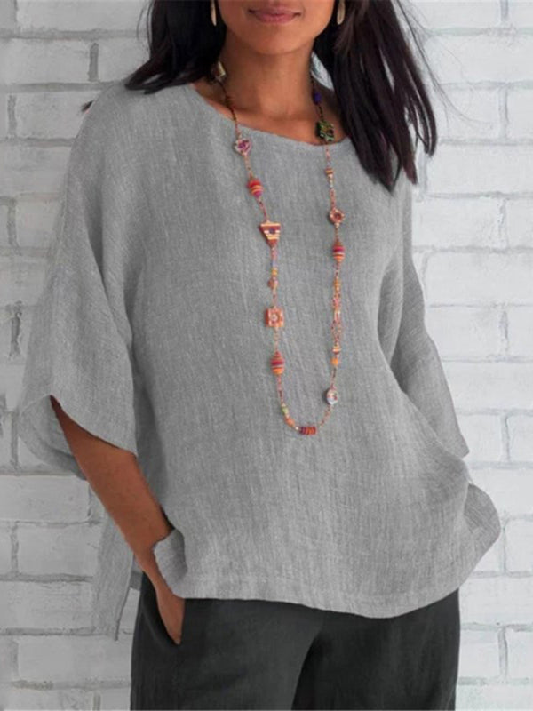 Neryssa Foreign Trade Women's Three-Quarter Sleeve Round Neck Cotton Linen Shirt Top