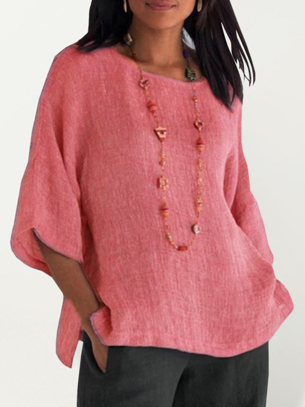 Neryssa Foreign Trade Women's Three-Quarter Sleeve Round Neck Cotton Linen Shirt Top