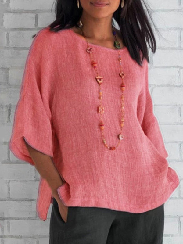 Neryssa Foreign Trade Women's Three-Quarter Sleeve Round Neck Cotton Linen Shirt Top