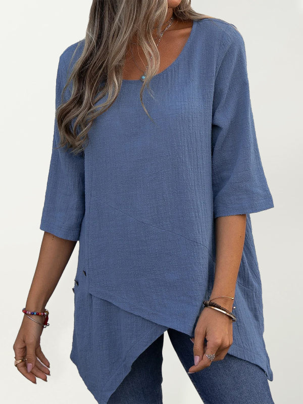 Naia Cotton Linen Round Neck Irregular Shirt Half Sleeve Top