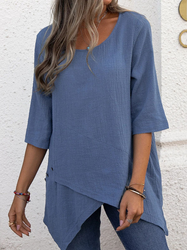 Naia Cotton Linen Round Neck Irregular Shirt Half Sleeve Top