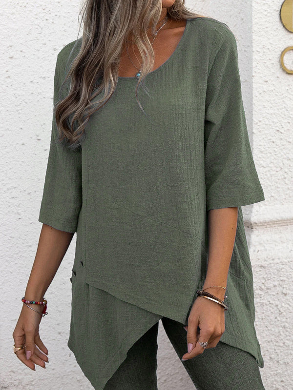 Naia Cotton Linen Round Neck Irregular Shirt Half Sleeve Top
