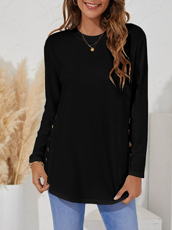 Ramona Round Neck Women's Casual Simple Button Long Sleeve T-Shirt
