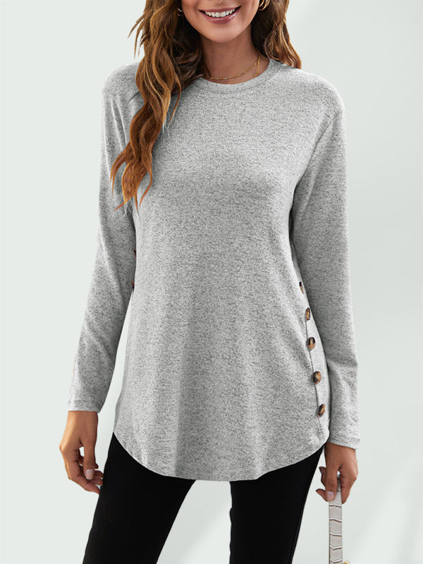 Ramona Round Neck Women's Casual Simple Button Long Sleeve T-Shirt