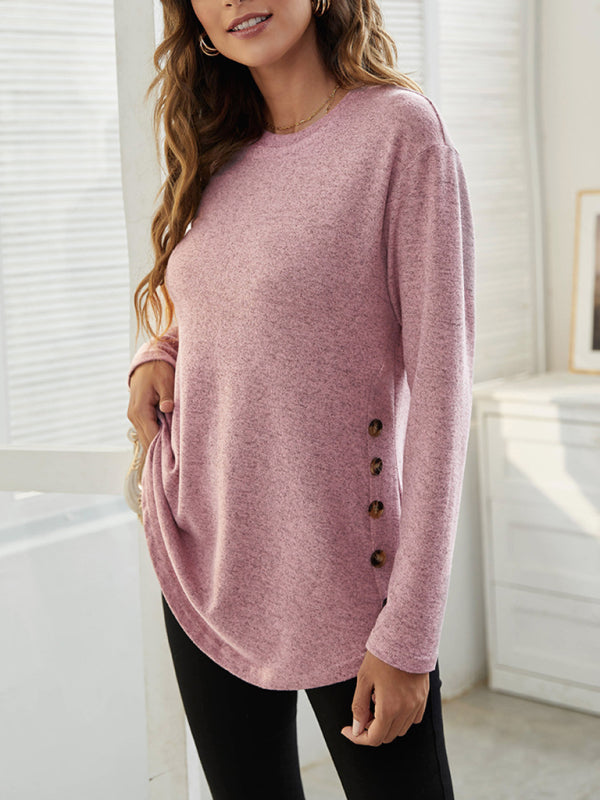 Ramona Round Neck Women's Casual Simple Button Long Sleeve T-Shirt