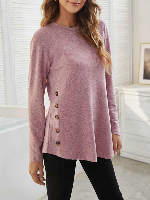 Ramona Round Neck Women's Casual Simple Button Long Sleeve T-Shirt