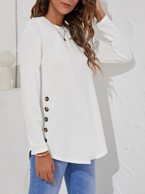 Ramona Round Neck Women's Casual Simple Button Long Sleeve T-Shirt