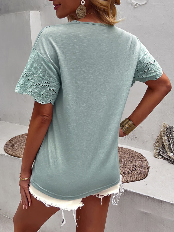 Amari Women's Knitted Fashion Casual Lace Stitching V-Neck Short-Sleeved Top