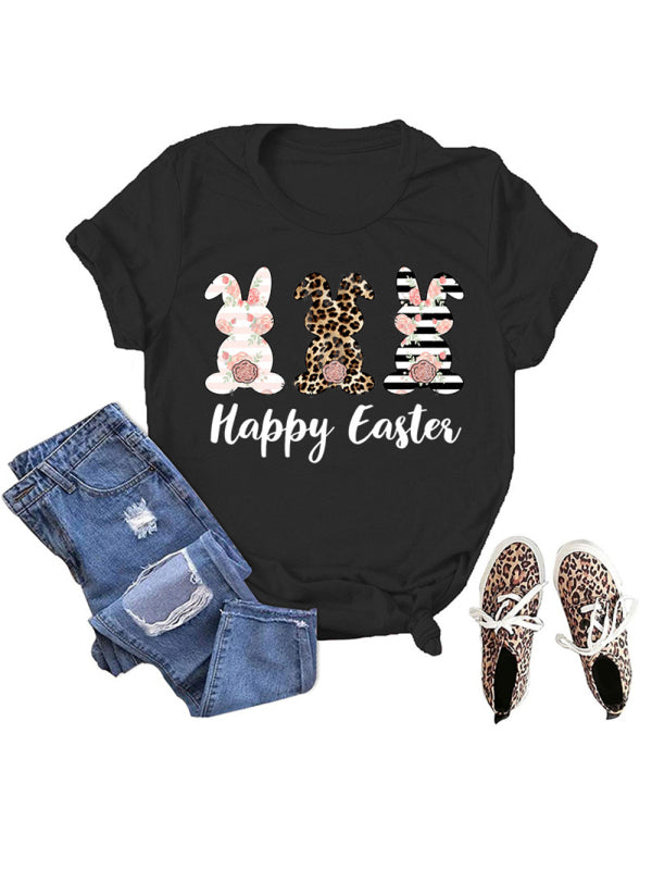 Elena Women's Easter Bunny HAPPY EASTER Letter Print Short Sleeve T-Shirt