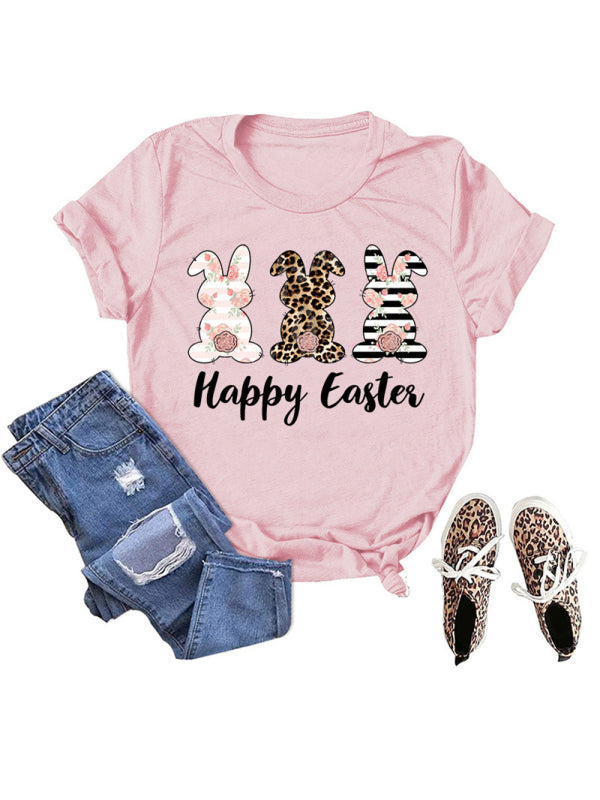 Elena Women's Easter Bunny HAPPY EASTER Letter Print Short Sleeve T-Shirt