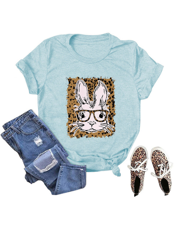 Suzanne Women's Easter Leopard Bunny Print Casual Short Sleeve T-Shirt