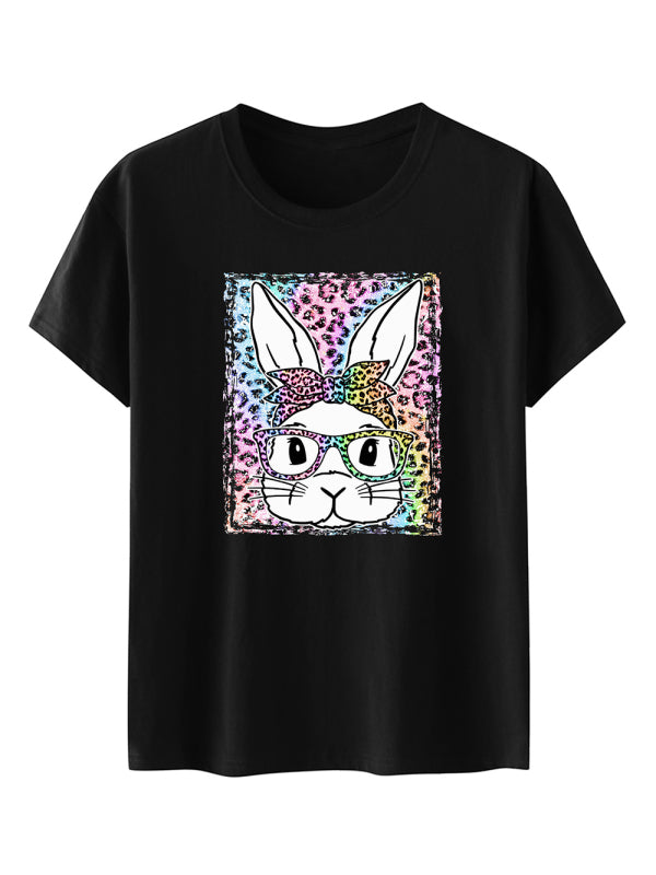 Martha Women's Easter Leopard Bunny Print Short Sleeve T-Shirt