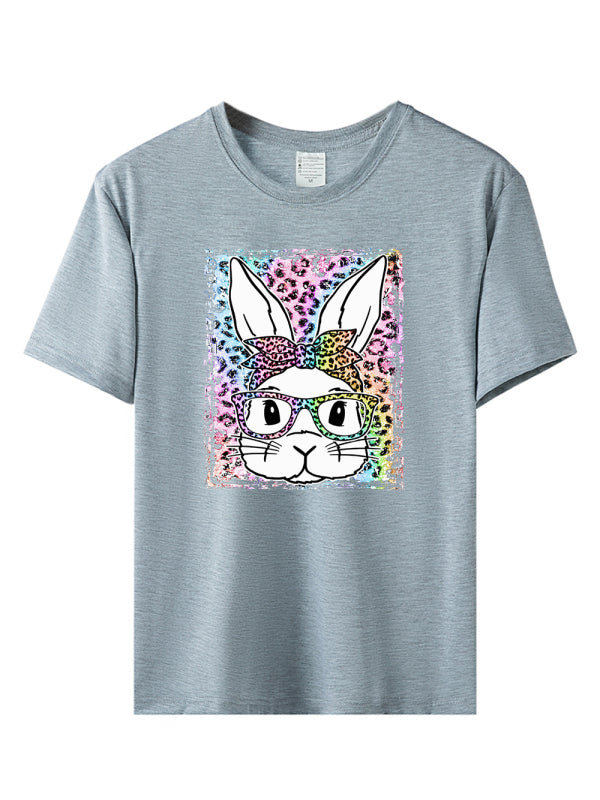 Martha Women's Easter Leopard Bunny Print Short Sleeve T-Shirt