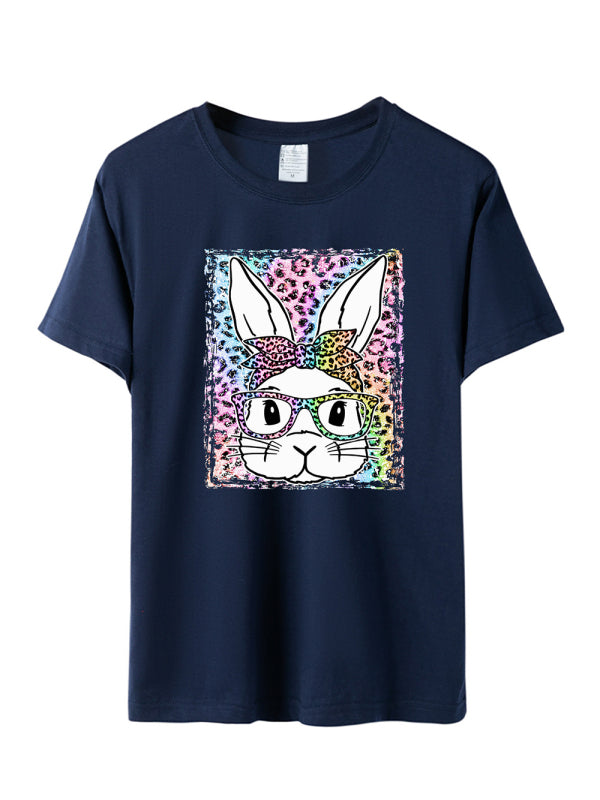 Martha Women's Easter Leopard Bunny Print Short Sleeve T-Shirt
