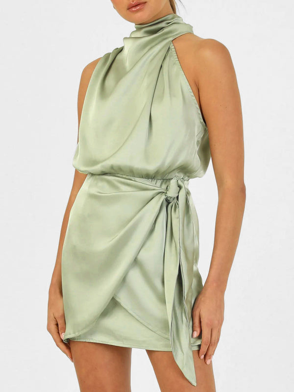 Florrie Women's Woven Halter Neck High-Quality Satin Strap Slim-fit Celebrity Mini Dress