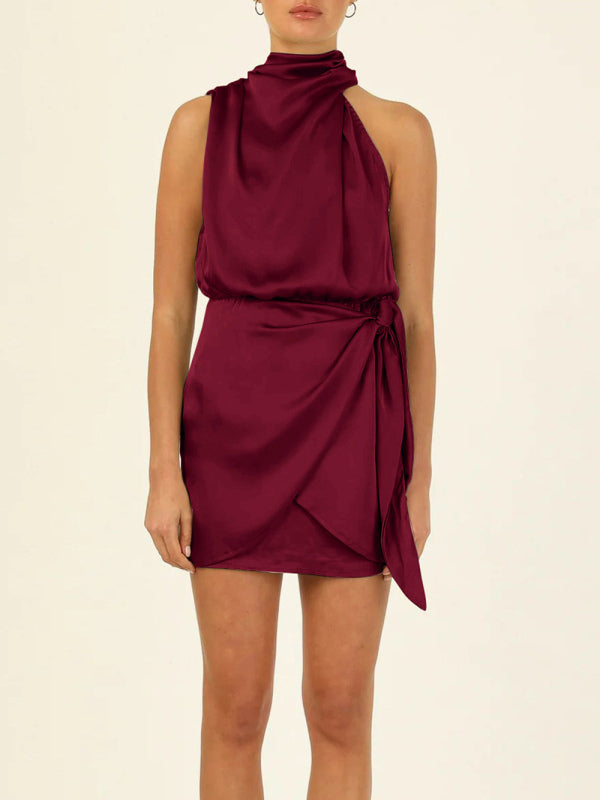 Florrie Women's Woven Halter Neck High-Quality Satin Strap Slim-fit Celebrity Mini Dress