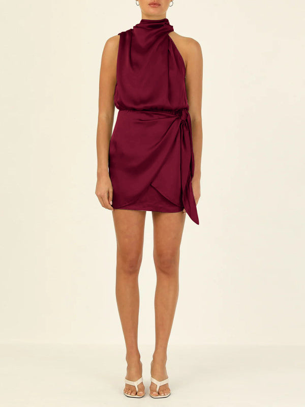 Florrie Women's Woven Halter Neck High-Quality Satin Strap Slim-fit Celebrity Mini Dress