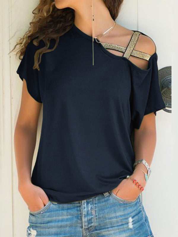 Melody Casual Slanted Shoulder Cross Irregular Short-Sleeved T-Shirt Women's Clothing
