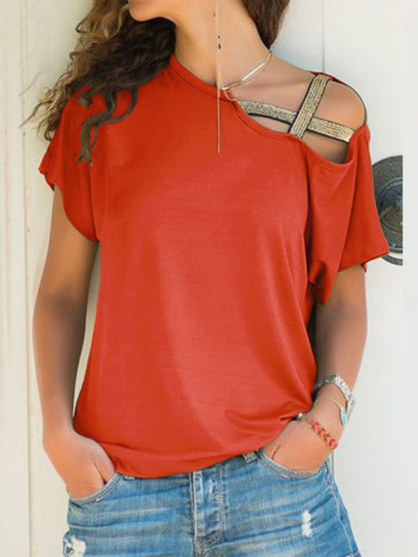 Melody Casual Slanted Shoulder Cross Irregular Short-Sleeved T-Shirt Women's Clothing