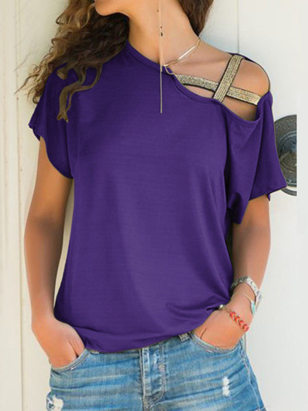 Melody Casual Slanted Shoulder Cross Irregular Short-Sleeved T-Shirt Women's Clothing