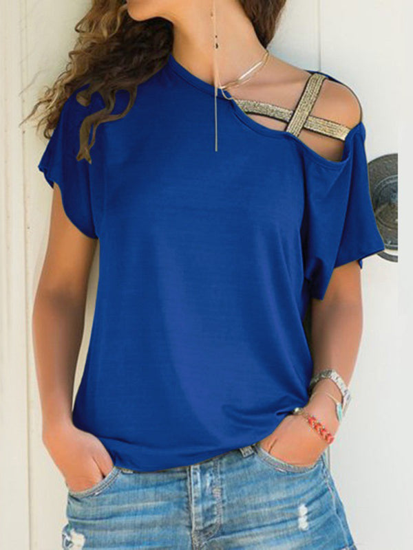 Melody Casual Slanted Shoulder Cross Irregular Short-Sleeved T-Shirt Women's Clothing