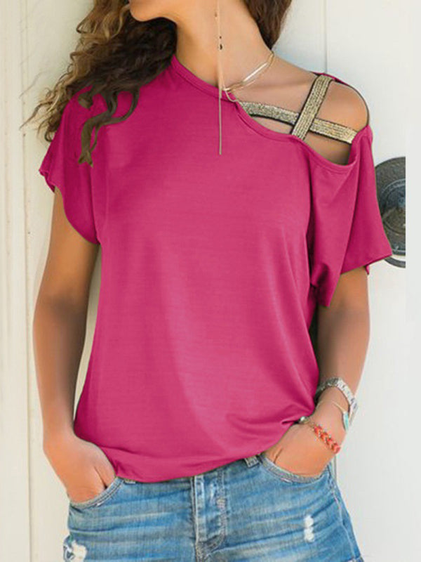 Melody Casual Slanted Shoulder Cross Irregular Short-Sleeved T-Shirt Women's Clothing