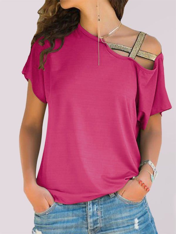 Melody Casual Slanted Shoulder Cross Irregular Short-Sleeved T-Shirt Women's Clothing